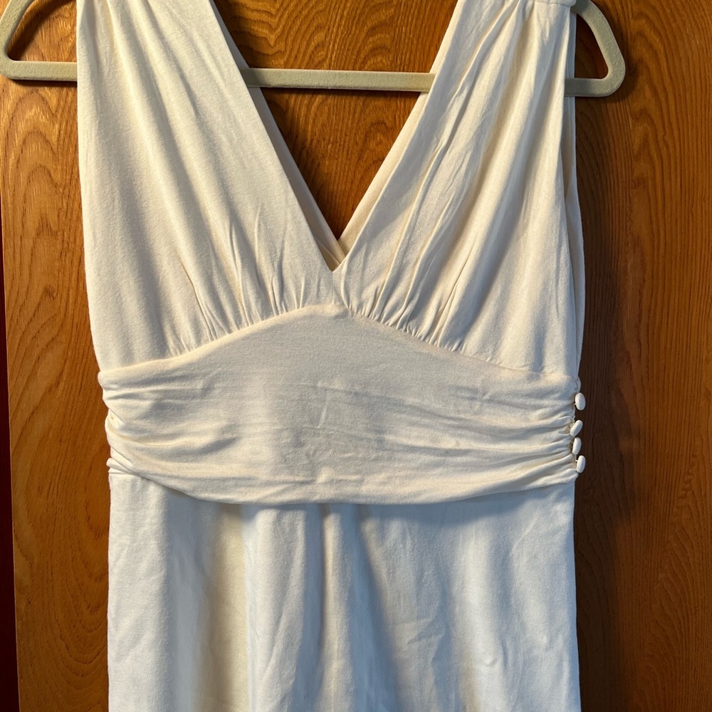White House Black Market Cream V Neck Button & Rouching Detailing